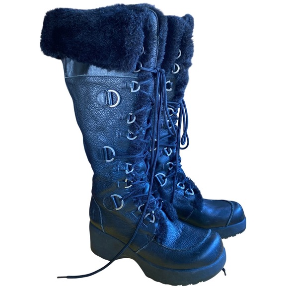 Report Shoes - Vintage Y2K Report Leather Fur Black Platform Moto Biker Tall Boots 8 Bratz Goth